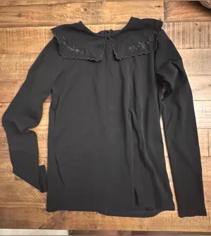 Papillon Blanc Black Long Sleeve Top with Scalloped Embroidered Collar thumbnail 1