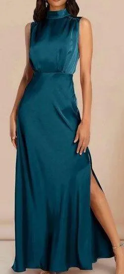PRETTYGARDEN NWT Womens Thigh Slit Mock Neck Satin Maxi Dress dark blue size M thumbnail 1