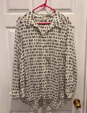 Jane and Delancey Women 2X Cream‎ Bird Print Button Down Roll Tab Rayon Shirt thumbnail 1