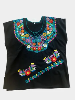 Mexican Embroidered Floral Black Huipil Blouse Folk Art Top Large thumbnail 4