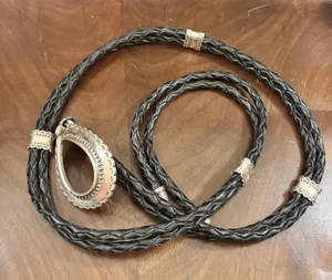 Vintage Black Braided Genuine Leather Bolo‎ Tie Belt Silver Tone Pendant 50" thumbnail 1