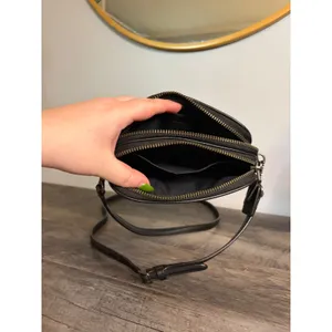 Coach Red Black Buffalo Plaid Pebble Leather Double Zip Crossbody Camera Bag thumbnail 7