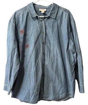Out of the Blue J. Jill Denim Embroidered Button Down Shirt Women Sz XL Cotton thumbnail 1