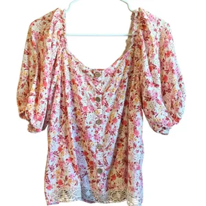 Unique Spectrum Fits S/M Floral Puff Sleeve Top Pink Lace Boho Summer pretty thumbnail 2