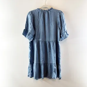 LOFT Chambray Short Ruffle Sleeve Tiered Mini Babydoll Dress Blue Medium thumbnail 4
