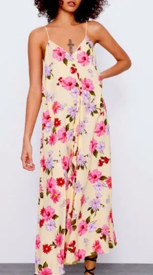 Zara Yellow Floral‎ Summer Maxi Sundress Dress Small thumbnail 1