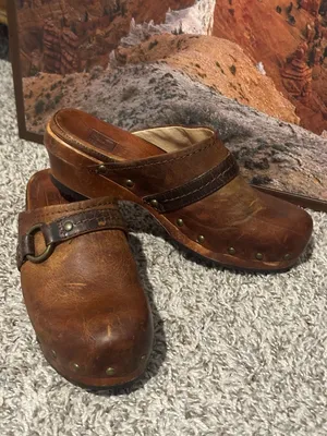 Frye Brown Distressed Leather Studded Clogs with Ring Strap thumbnail 2