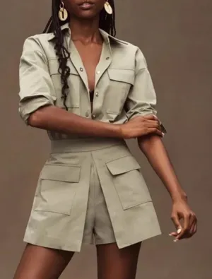 Mare mare Anthropologie long sleeve Olive Green Utility Romper thumbnail 1