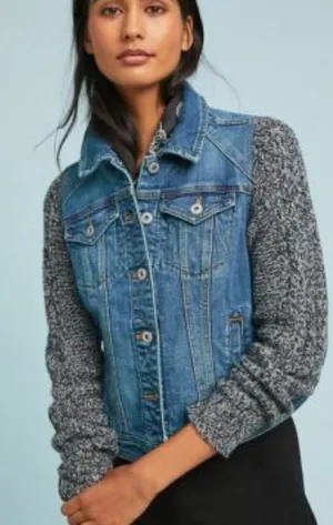 Anthropologie Pilcro and the Letterpress Denim Jacket Gray Knit Sweater Sleeves thumbnail 1
