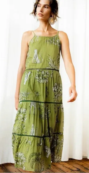 Olive Green Serengue Printed Tiered Maxi Dress with Spaghetti Straps thumbnail 1