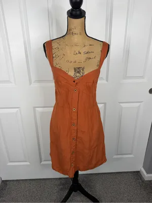 Anthropologie Maeve Size M Rust Orange Linen Blend Button Front Mini Dress thumbnail 2