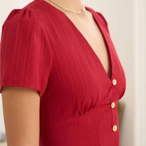 Rihoas Red V Neck Shirred Puff Sleeve Midi Dress thumbnail 2