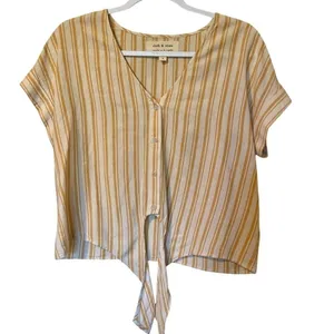 Anthropologie Cloth & Stone Yellow Striped Front Tie Crop Top Shirt thumbnail 3