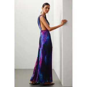 L'IDÉE Printed Gala Gown Pleated Deep Sea Blue Purple Tie Dye Maxi Dress 8 thumbnail 2