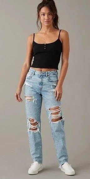 American Eagle Strigid Ripped Mom Jean Straight Leg Distressed High Rise Festival Womens 00R thumbnail 1