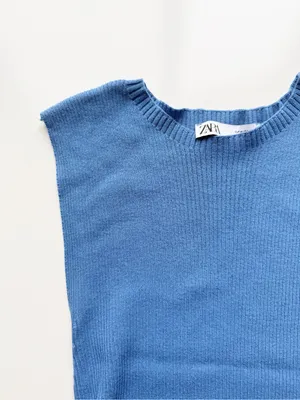 Zara Ruched Ribbed Knit Tank Blue size Medium thumbnail 2