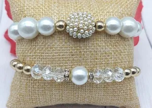 Faux Pearl Crystal Stretch Bracelets Lot of 2 Gold Tone Rhinestone Bridal thumbnail 1