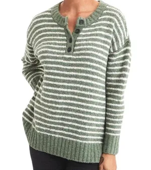 American Eagle Striped Sweater Size Small Oversized Henley Green White Knit thumbnail 1