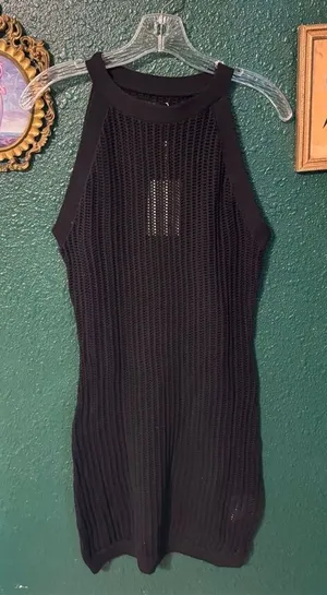 Quince NWT Black Open Knit 100% Organic Cotton Black Cover Up Dress Sz XS thumbnail 1