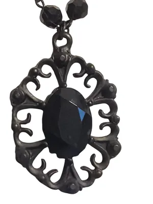 Black Gothic Beaded Necklace Pendant Faceted Gemstone Mourning Acrylic 16" Emo thumbnail 2