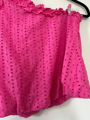 Entro Hot Pink One Shoulder Eyelet Top Small Ruffle Trim Feminine 100% Cotton Summer thumbnail 3