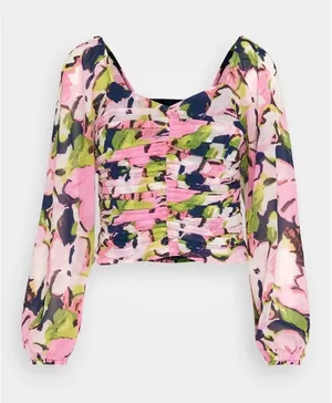 Abercrombie & Fitch Floral Ruched Smocked Long Sleeve Crop Top Pink Green Medium thumbnail 1