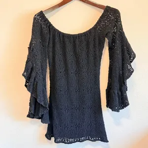 JEN'S PIRATE BOOTY Free People "Bardot" black lace off shoulder mini dress Sz M thumbnail 6