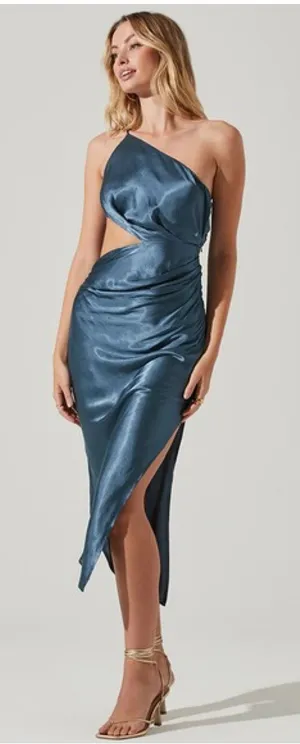 Astr The Label Martina Midi Dress Size Small Blue Satin Cut Out Draped Wedding thumbnail 1
