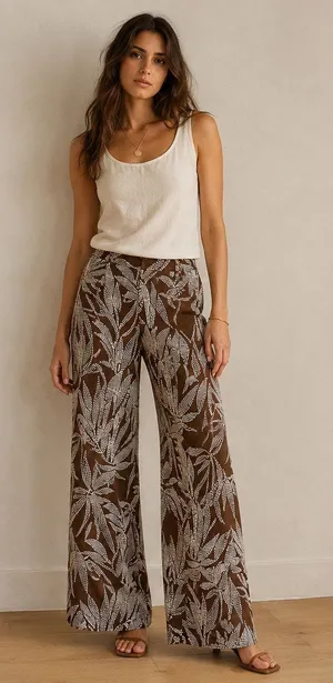 DeFacto 100% Viscose Chocolate Brown Botanical Wide Leg Pants Small Boho Resort thumbnail 1