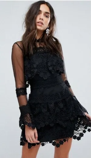 PrettyLittleThing Black Illusion Lace Long Sleeve Mini Dress Whimsygoth Fairy thumbnail 1