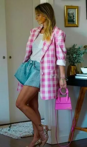 Zara Oversized Gingham Print Blazer Jacket Pink/White Size XS NEW thumbnail 1