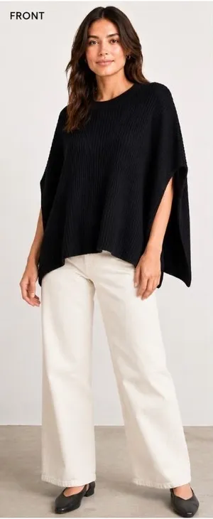 Everlane Womens LOrganic Cotton Poncho Sweater Black Side Slit Crew Neck Ribbed thumbnail 1