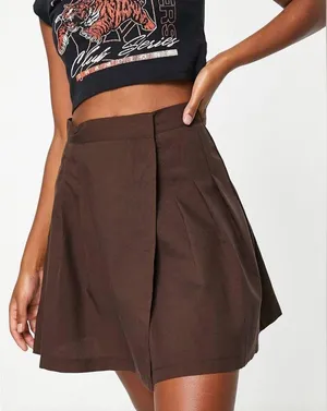 ASOS Y2K Mini Pleated Tennis Mini Skirt Brown Small Schoolgirl Wrap High Rise thumbnail 2