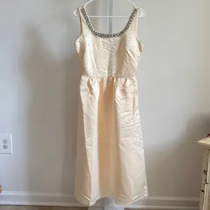 Cider NWT Women's Vintage Style Cream Satin Midi Dress Scoop Embellished Neck S thumbnail 2