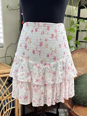 LucyParis White Eyelet Pink Floral Smocked Ruffle Boho Garden Cottage Mini Skirt thumbnail 1