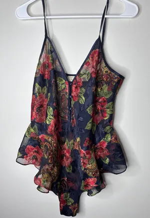Victoria’s Secret Gold Label Navy Blue Red Floral Paisley Print Babydoll thumbnail 1