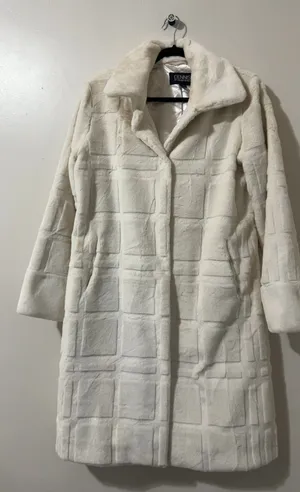 Dennis White Faux Fur Long Coat Small Elegant Textured thumbnail 1
