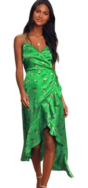 Lulu’s Chic Style Green Floral Jacquard Satin High-Low Midi Wrap Dress Sz. S thumbnail 1