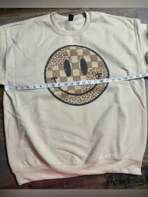 Gildan Tan Sweatshirt with Brown Checkered & Leopard Smiley Graphic thumbnail 6