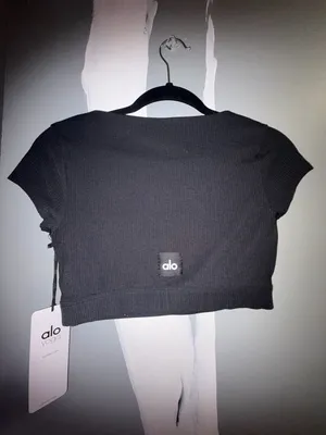 ALO Yoga Black Ribbed Scoop Neck Crop Top with Front Buttons thumbnail 2