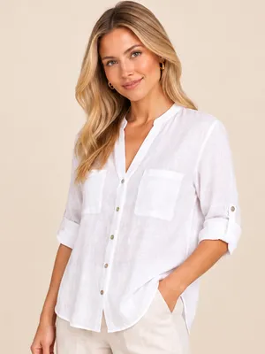 Zara 100% Linen Oversized White V-Neck Button Down Blouse XS Mandarin Collar thumbnail 1