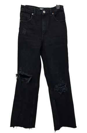 ZARA‎ Black Rigid Denim High Rise Ripped Distressed Wide Leg Full Length Jeans 4 thumbnail 1