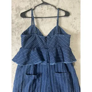 Anthropologie‎ Ett:twa Striped Denim Peplum Jumpsuit Wide Leg Blue Pinstripe LG thumbnail 5