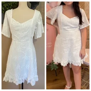 NWOT Lulus Morning in Mallorca White Cotton Eyelet Short Sleeve Mini Dress thumbnail 3
