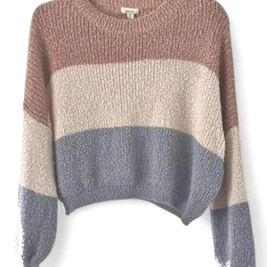 Debut Neutral, Ivory White, and Blue Colorblock Crew Neck Knit Sweater thumbnail 1