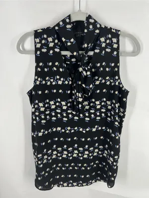 Ann Taylor Floral Tie Neck V-Neck Sleeveless Blouse Black Size S thumbnail 2