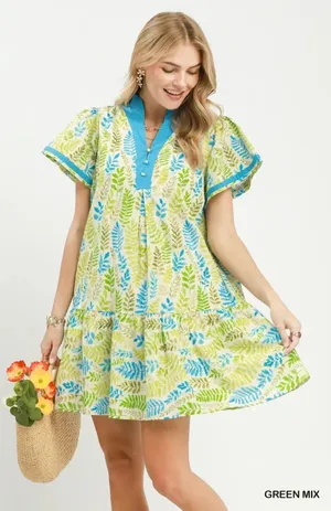 Umgee Leaf Print Flutter Sleeve Tiered Mini Dress - Green Mix - Small thumbnail 1
