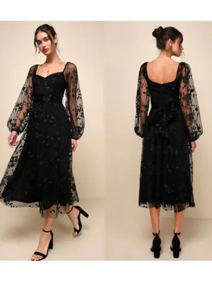 NWT Lulus Darling Charisma Black Mesh Embroidered Midi Dress S thumbnail 11