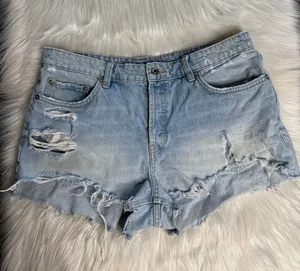 Zara Light Wash High Waisted Distressed Ripped Denim Cut Offs thumbnail 1