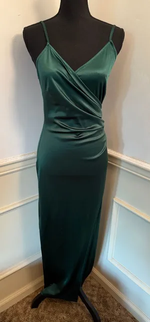 Emerald Green Satin Surplice Midi Dress with Slit Jewel Tone Wedding Guest thumbnail 1